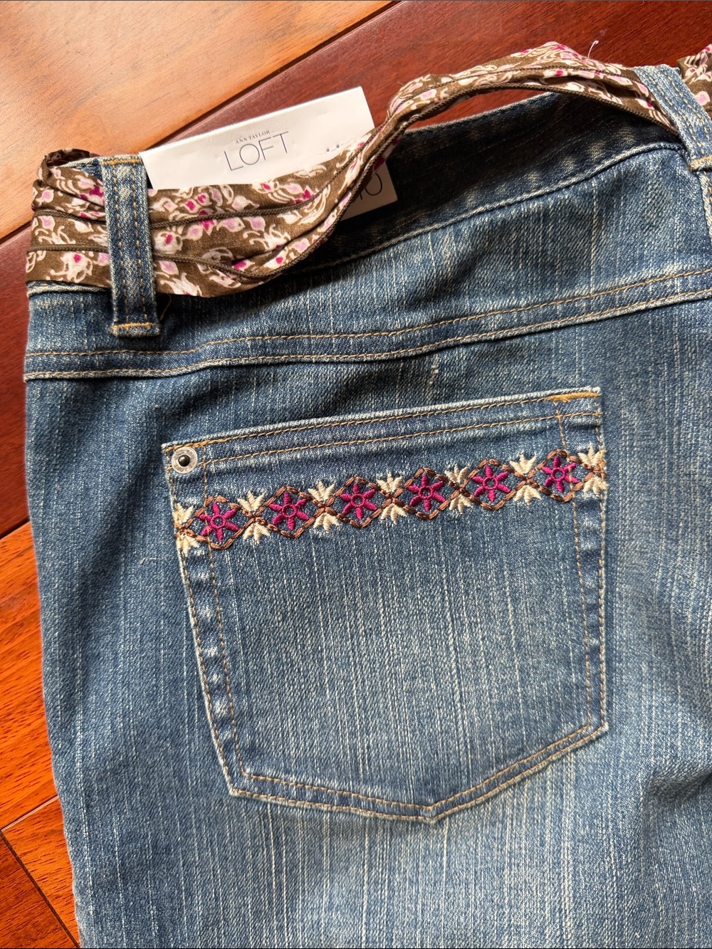 LOFT Blue Flare Jeans with Patterned Waist Scarf Embroidered back Pockets - Picture 8 of 10